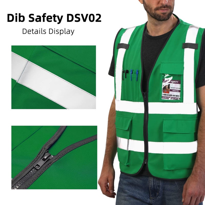 Dib Safety Reflective Vest High Visibility with Pockets and Zipper, Green XL - Image 4