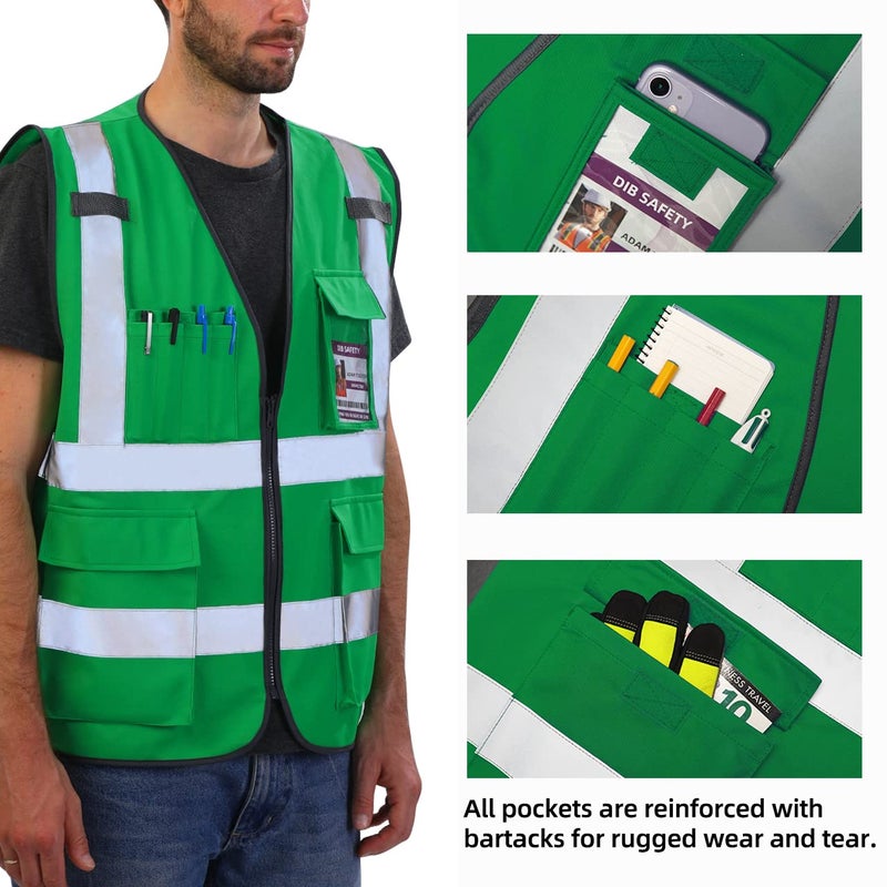 Dib Safety Reflective Vest High Visibility with Pockets and Zipper, Green XL - Image 3