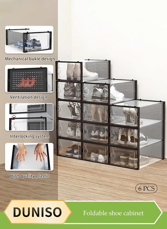 DUNISO 6 قطع من صناديق تخزين الأحذية، صندوق عرض أحذية قابل للتكديس، صندوق أحذية شفاف متعدد الوظائف، صندوق أحذية بلاستيكي قابل للطي، مضاد للغبار ومتين، مناسب للرجال والنساء، 33.3*26*16.5 سم - Image 2