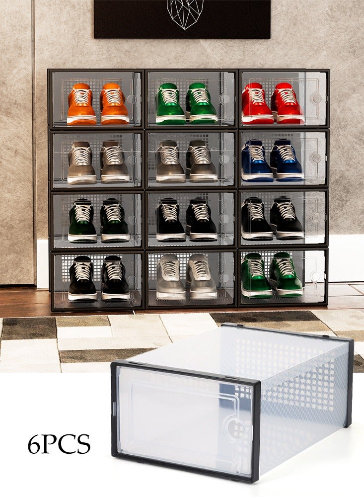 DUNISO 6 قطع من صناديق تخزين الأحذية، صندوق عرض أحذية قابل للتكديس، صندوق أحذية شفاف متعدد الوظائف، صندوق أحذية بلاستيكي قابل للطي، مضاد للغبار ومتين، مناسب للرجال والنساء، 33.3*26*16.5 سم - Image 1