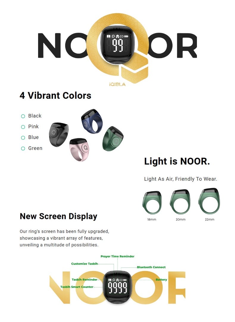 iQIBLA Zikr Ring Noor | 18MM Prayer Ring, Tasbih Counter & Islamic Reminder | Waterproof Wearable Technology | Green  - Image 3