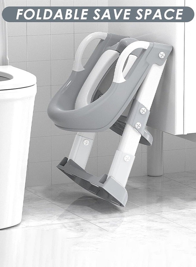 كوزينيست مقعد تدريب الأطفال على الحمام مع سلم من درجتين ارتفاع قابل للتعديل مناسب من عمر 2 إلى 7 سنوات وسادة ناعمة ومانع تناثر مزود بقاعدة مانعة للانزلاق من السيليكون ست درجات للتسلق يناسب معظم المراحيض المستديرة متين وسهل التخزين باللون الرمادي - Image 2