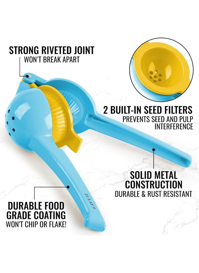 Zulay Kitchen - Zulay Metal 2-In-1 Lemon Squeezer Manual - Sturdy, Max Extraction Hand Juicer Lemon Squeezer Gets Every Last Drop - Easy to Clean Manual Citrus Juicer - Easy-to-Use Lemon Juicer Squeezer - Blue/Yellow - Image 1