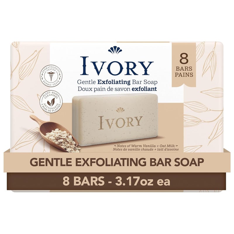 Ivory صابون بار استحمام مقشر بلون العاج مصمم للعائلة بأكملها مع منظفات نباتية خالية من العطور الثقيلة والبارابين والفثالات برائحة الفانيليا الدافئة وحليب الشوفان 317 أونصة 8 قطع - Image 1
