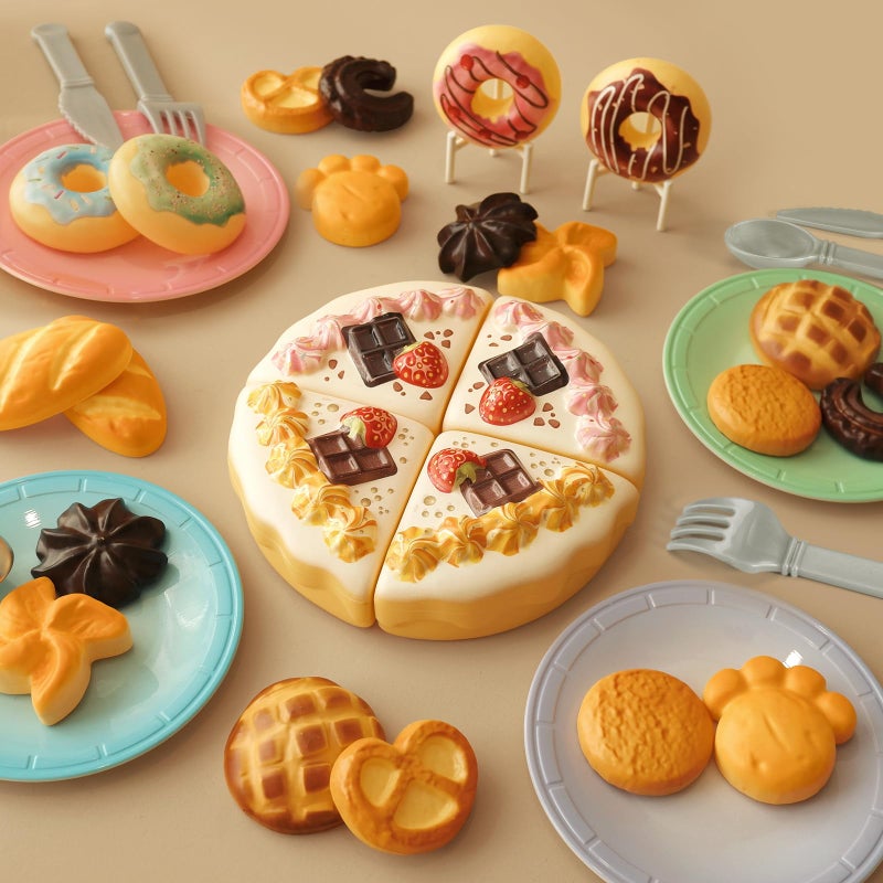 GILOBABY 34PCS Tea Party Play Food Set Complete Bakery Pretend Play Toys with Cake Donuts Cookies Plates for Kids Ages 4 5 6 7 8 - Image 3