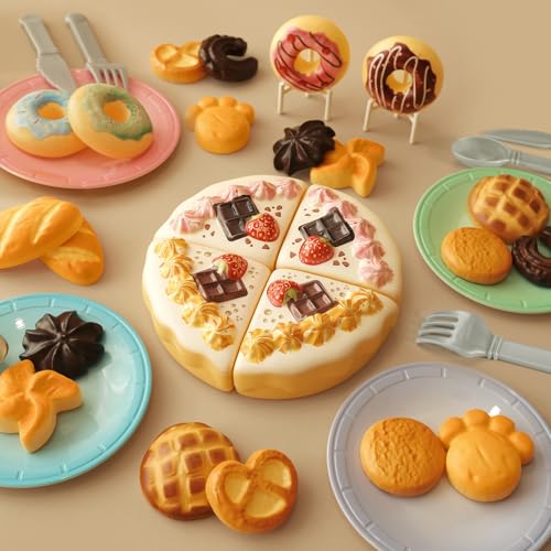 GILOBABY 34PCS Tea Party Play Food Set Complete Bakery Pretend Play Toys with Cake Donuts Cookies Plates for Kids Ages 4 5 6 7 8 - Image 1