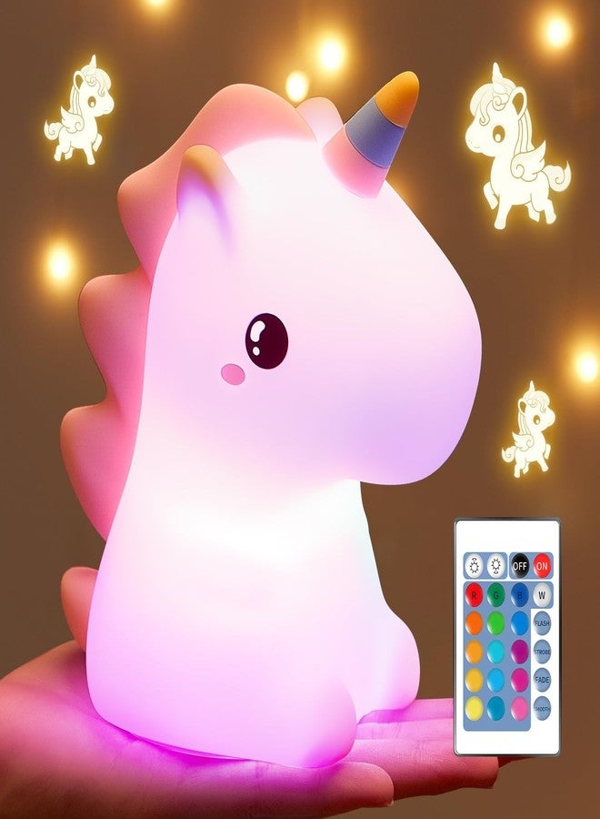 One Fire Unicorn Night Light Children's Bedside Lamp, 16 Colours, 5 Brightness, Rechargeable, Pink, Silicone, Kawaii Decoration, Baby Room - Image 1