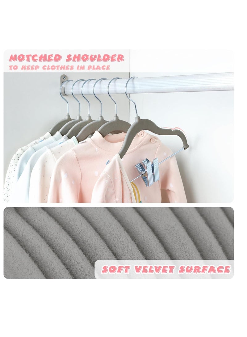 ManGotree 11.8'' Baby Velvet Hangers with Movable Clips, Non-Slip Kids Clothes Hangers, Ultra-Thin Space-Saving Children's Felt Hangers for Shirts, Pants, Dresses, Skirts, Jackets (16 Pack, Grey) - Image 3