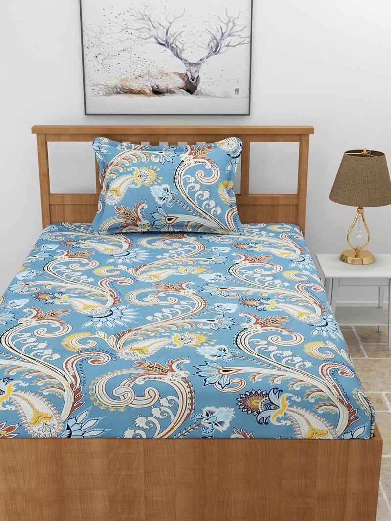 MORADO Premium Glace Cotton 210 TC Single Bedsheet with 1 King Size Pillow Cover (60x90 Inch, Blue) - Image 1