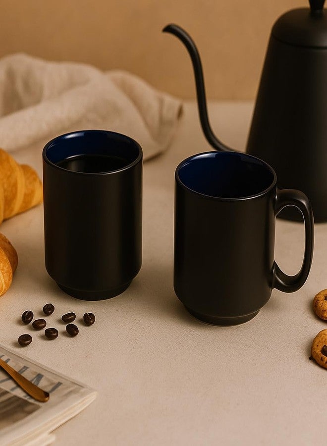 KITTENS Matte Black Ceramic Coffee Mug Set of 2 - 200ml - Deep Blue Interior | Handcrafted Stoneware | Microwave & Dishwasher Safe | Premium Tea & Coffee Mugs for Home, Office & Gifting - Image 1