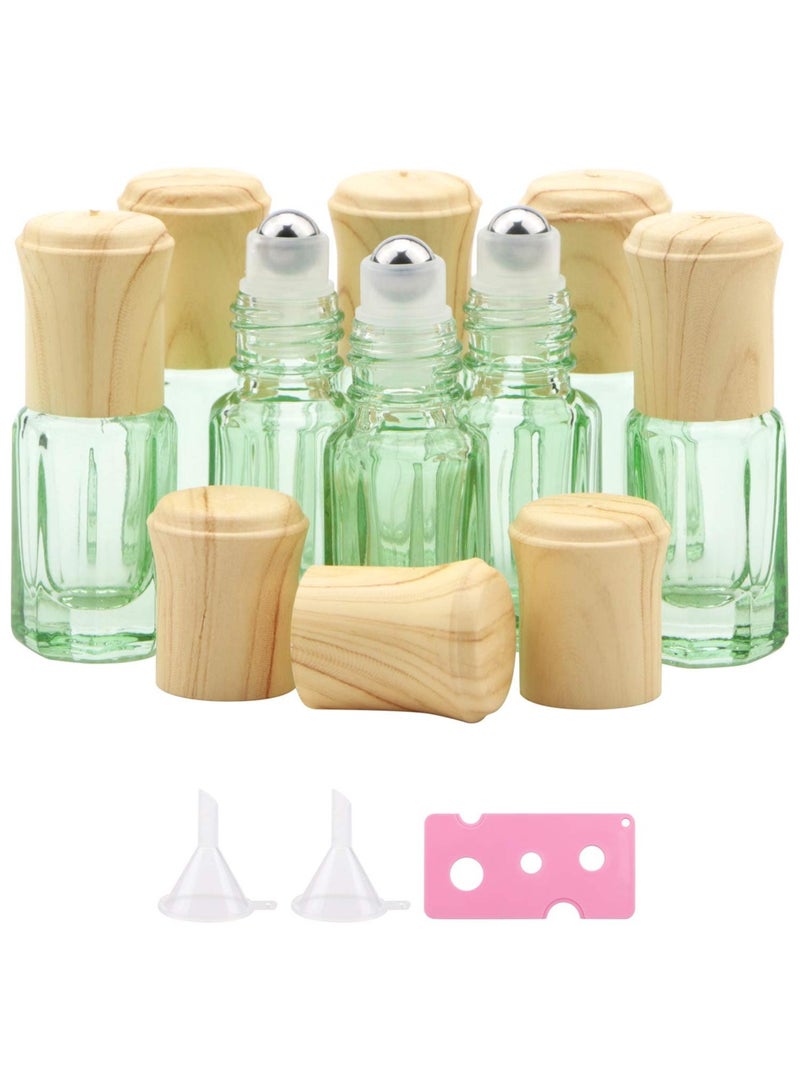SYOSI زجاجات أسطوانية للتدليك، زجاجات أسطوانية صغيرة مثمنة الشكل بسعة 3 مل للزيوت العطرية، قوارير صغيرة للزيوت العطرية، قارورة حاوية مستحضرات تجميل للسفر، مع غطاء خشبي، فتاحة قمعين (10 قطع باللون الأخضر) - Image 1