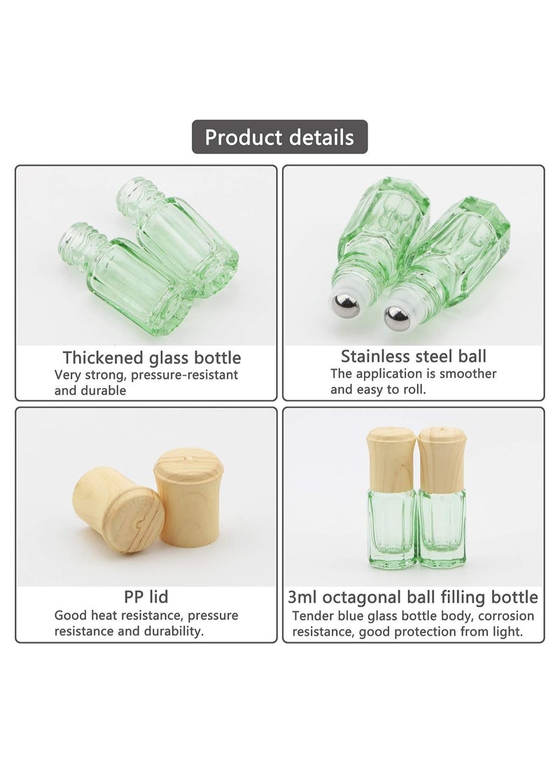 SYOSI زجاجات أسطوانية للتدليك، زجاجات أسطوانية صغيرة مثمنة الشكل بسعة 3 مل للزيوت العطرية، قوارير صغيرة للزيوت العطرية، قارورة حاوية مستحضرات تجميل للسفر، مع غطاء خشبي، فتاحة قمعين (10 قطع باللون الأخضر) - Image 5