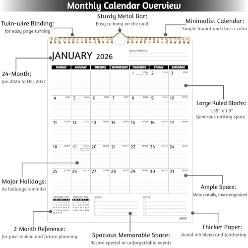 BowCuk Wall Calendar 2026-2027 – Calendar 2026-2027 Wall, 2 Year Calendar, Jan 2026 - Dec 2027, 11.5 x 14.5 In, 2026 Calendar with Large Blocks, Thick Paper, Holidays, To-do ＆ Notes, Great for Organizing - Image 3