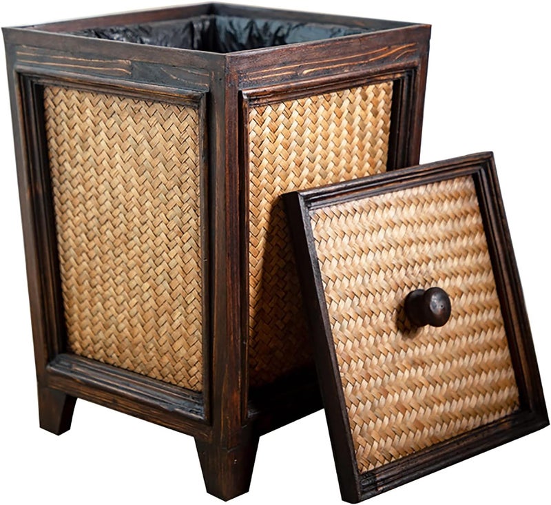 Primo Supply Rattan 7L Trash Can - Hand Woven Brown Square Garbage Bin with Lid - Small Wooden Bathroom Kitchen Decorative Waste Basket - Image 1
