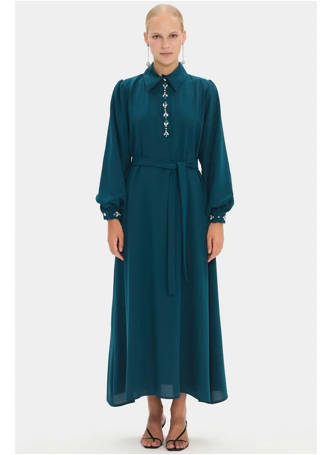 جون June Women Shirt Neck Balloon Sleeve Waist Tie Detail Maxi Dress Teal