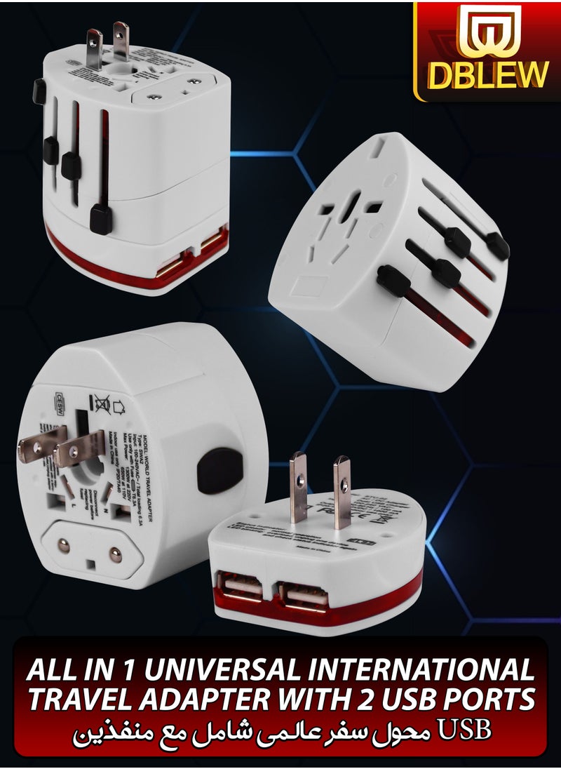 DBLEW Universal World Travel Adapter With 2 USB Port Portable AC Power Charger for Smartphones Cameras Electric Appliances Works in 150 Countries Multiple International UK/US/AUS/EU Plug Multi Socket  - Image 1