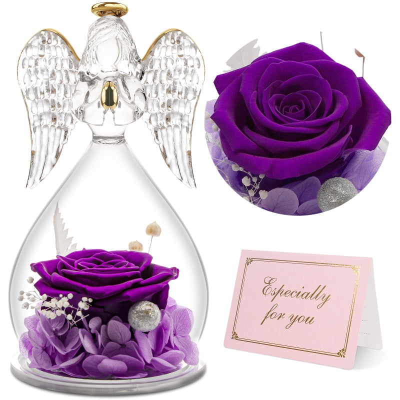 Yamonic Angel Figurines With Real Preserved Rose Mom Birthday Gift for Grandma Women Mothers Day Purple