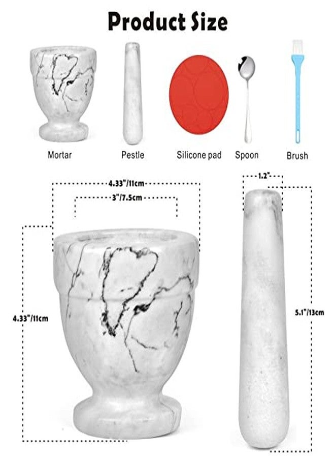 SIPARUI Mortar and Pestle Marble Set for Spices Pestos Seasonings Pastes Guacamole Bowl Herb Grinder Easy to Clean INCLUDED:Silicone Mat,Brush,Stainless Steel Spoon 4.33inch(Small,White Gray) - Image 2