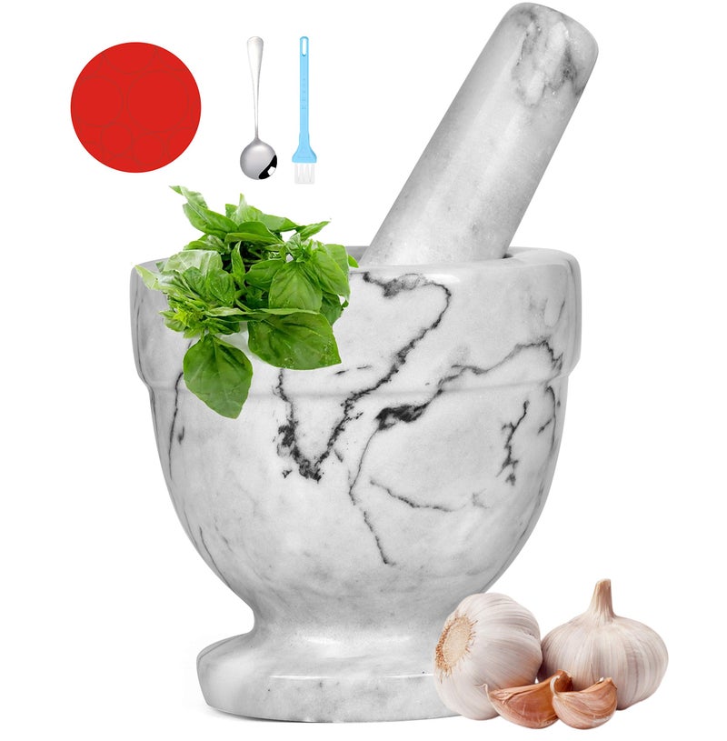 SIPARUI Mortar and Pestle Marble Set for Spices Pestos Seasonings Pastes Guacamole Bowl Herb Grinder Easy to Clean INCLUDED:Silicone Mat,Brush,Stainless Steel Spoon 4.33inch(Small,White Gray) - Image 1