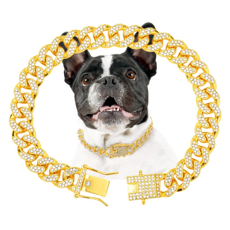 THAMIAO Gold Dog Chain Diamond Gold Chain Dog Collar Walking Metal with Design Secure Buckle Pet Collar Jewelry Accessories Necklace for Small Medium Large Cats,10 Inch - Image 1