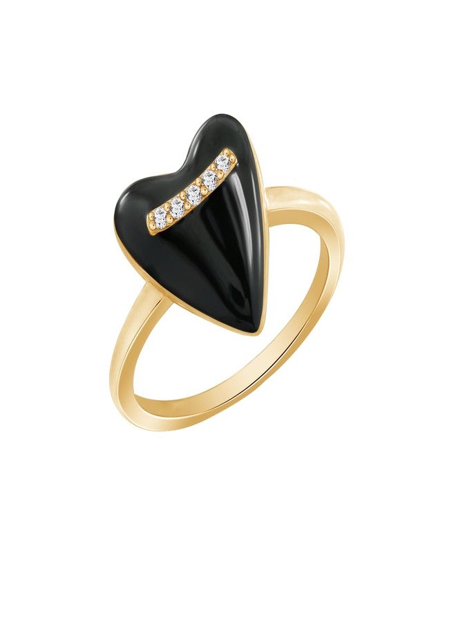 Diamonbliss خاتم قلب منتفخ مطلي بالذهب عيار 14 من ديامون بليس | خاتم قلب أسود من المينا مصنوع من الفضة الإسترلينية 925 للنساء | ماسة محاكاة من زركونيا مكعبة، مقاس 7 - Image 1