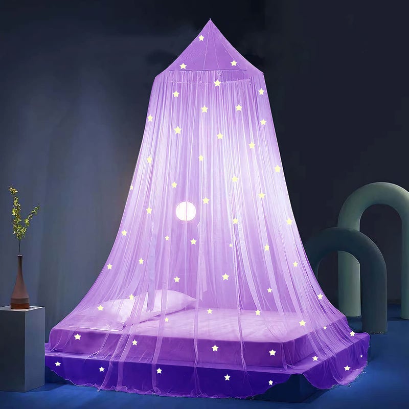 Eimilaly Stars Bed Canopy Glow in The Dark Bed Canopy for Girls Mosquito Net Princess Canopy for Girls Bed Room Decor Purple