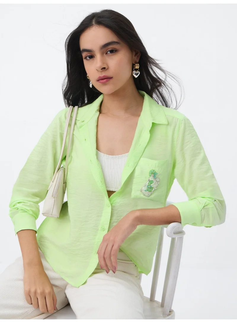 The Souled Store  The Souled Store Textured Shirt: Lemonade Women and Girls Full Sleeves Spread Collar Lime Green Solid Viscose Nylon Regular Fit Lightweight Crinkled Embroidered Casual Shirt  | Best Price UAE