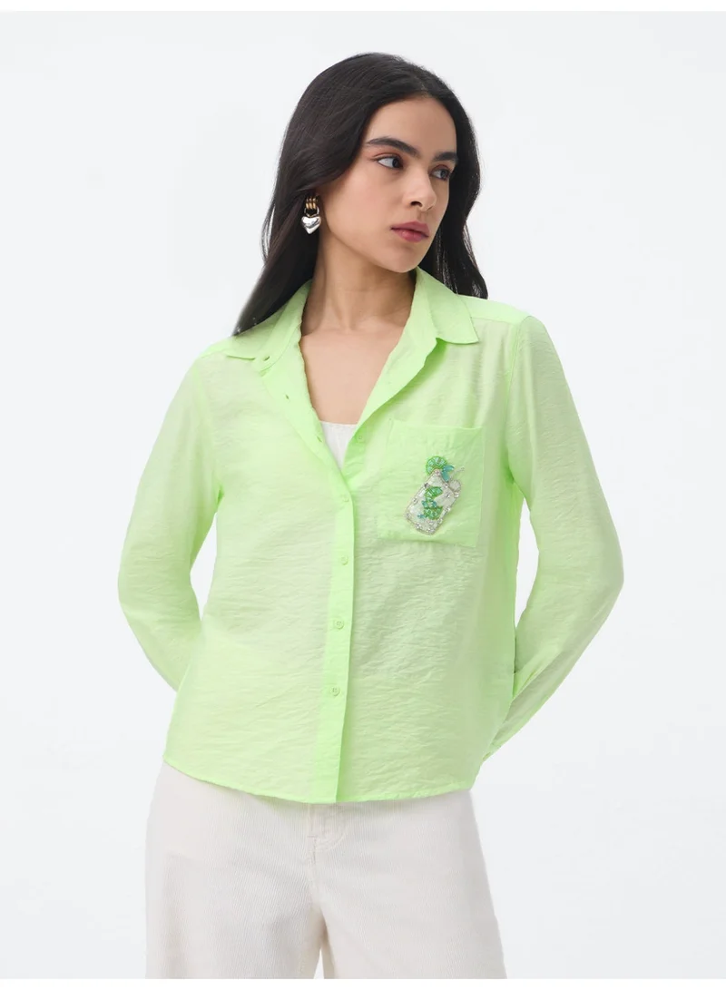 The Souled Store Textured Shirt: Lemonade Women and Girls Full Sleeves Spread Collar Lime Green Solid Viscose Nylon Regular Fit Lightweight Crinkled Embroidered Casual Shirt