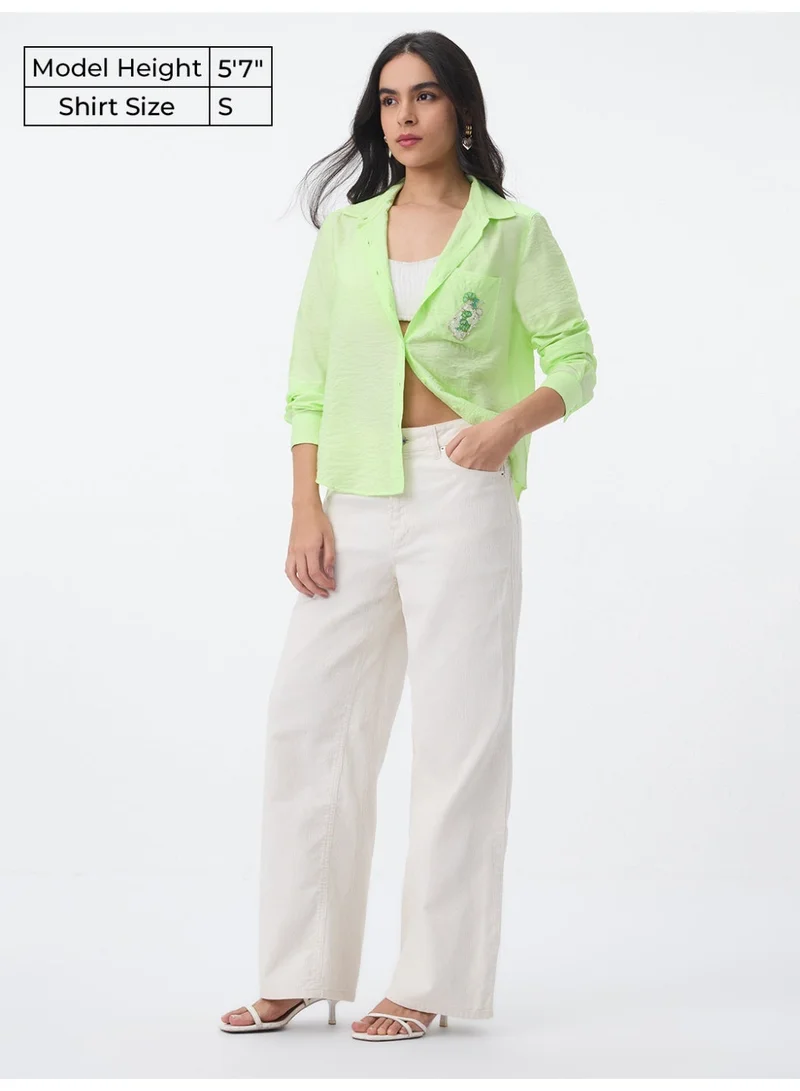 The Souled Store  The Souled Store Textured Shirt: Lemonade Women and Girls Full Sleeves Spread Collar Lime Green Solid Viscose Nylon Regular Fit Lightweight Crinkled Embroidered Casual Shirt  | Best Price UAE