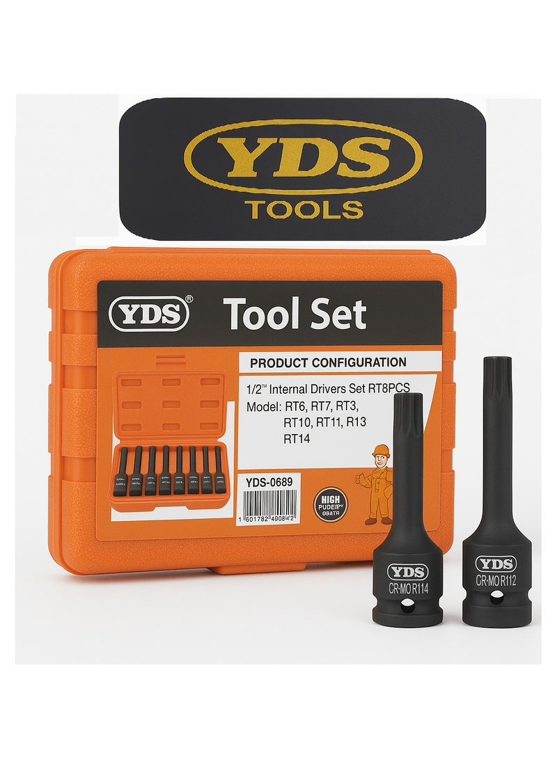 YDS 1/2" Socket Adapter Set – Internal Star RIBE Drivers RT6–RT14, Chrome-Molybdenum Steel, Long-Reach, Pin-Hole Retention, Heavy-Duty Case – Automotive, Mechanical & Industrial - Image 1
