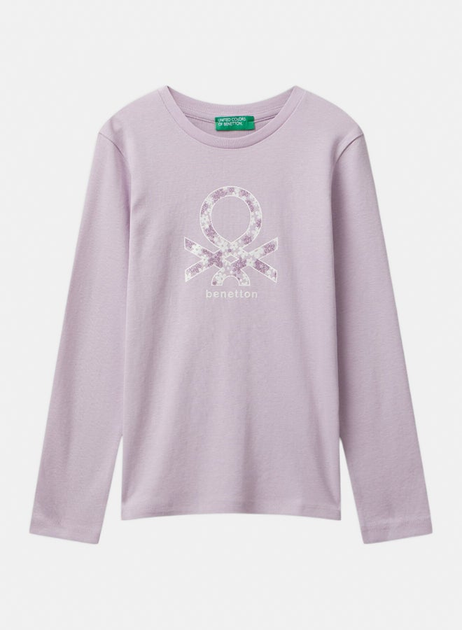 Benetton Girls Cotton T-shirt with glitter print - Image 1