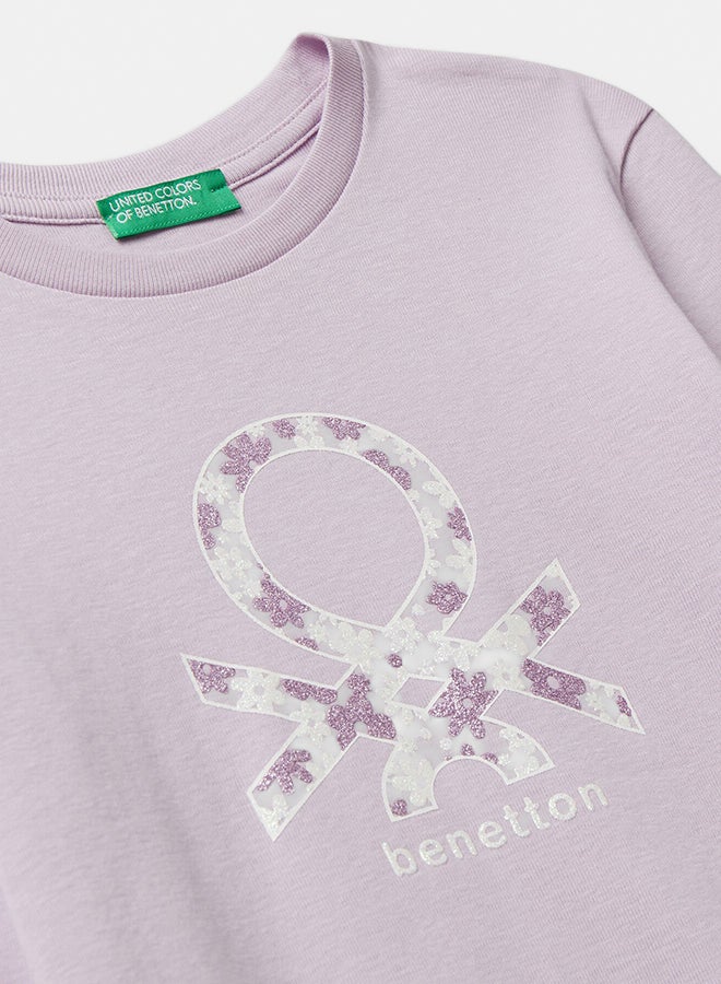 Benetton Girls Cotton T-shirt with glitter print - Image 2