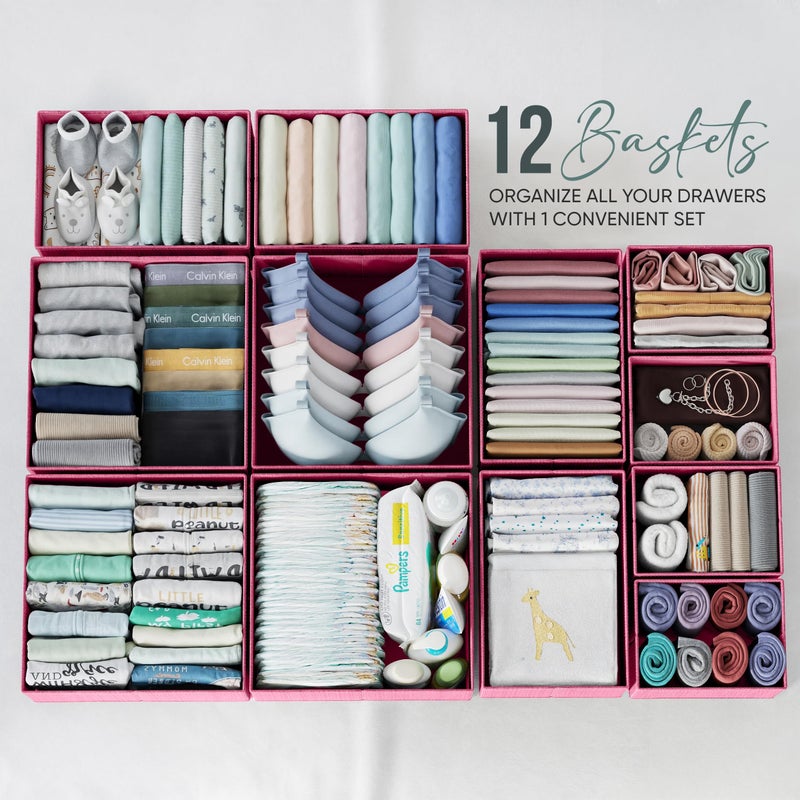 NEATERIZE Drawer Organizer Set Of 12 Pink - Nursery  Bedroom  Closet Organizer & Storage - Image 3