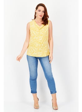 Zero Women Cowl Neck Sleeveless Floral Leaf Pattern Top, Mustard  - Image 3