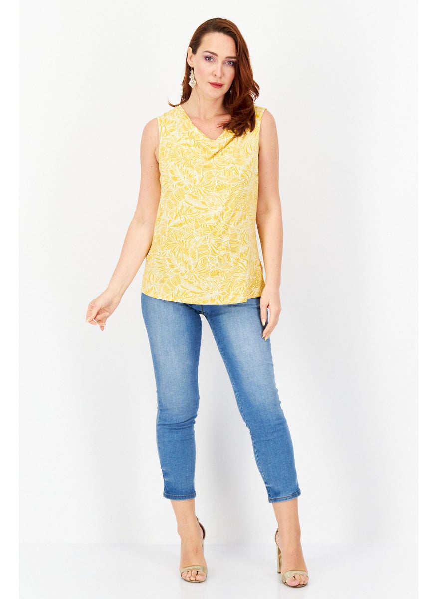 Zero Women Cowl Neck Sleeveless Floral Leaf Pattern Top, Mustard  - Image 3