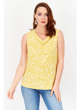 Zero Women Cowl Neck Sleeveless Floral Leaf Pattern Top, Mustard  - Image 1
