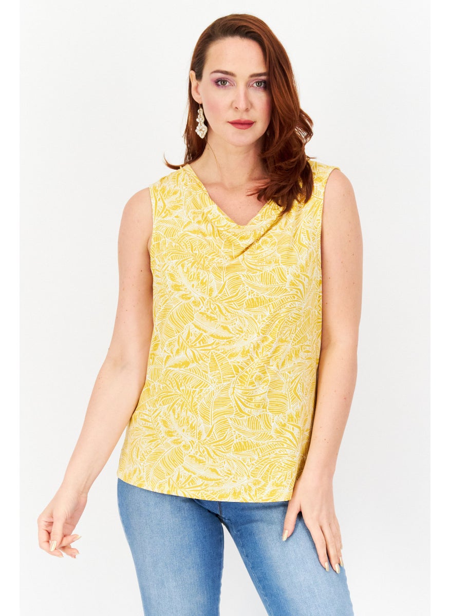 Zero Women Cowl Neck Sleeveless Floral Leaf Pattern Top, Mustard  - Image 1