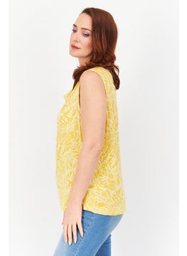 Zero Women Cowl Neck Sleeveless Floral Leaf Pattern Top, Mustard  - Image 2