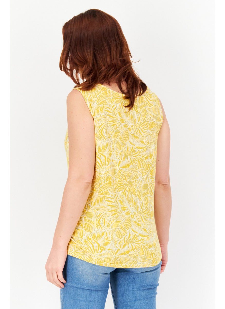 Zero Women Cowl Neck Sleeveless Floral Leaf Pattern Top, Mustard  - Image 4