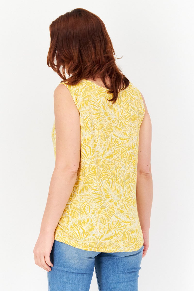 Zero Women Cowl Neck Sleeveless Floral Leaf Pattern Top, Mustard - Image 4