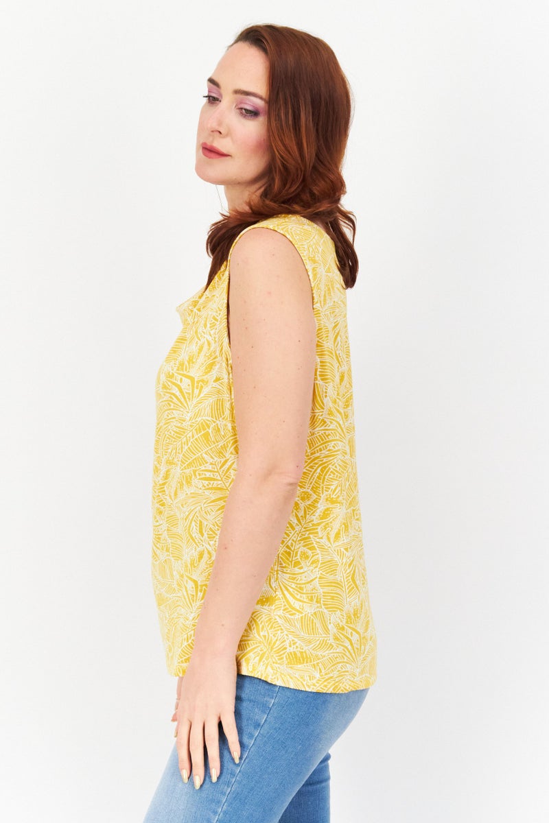 Zero Women Cowl Neck Sleeveless Floral Leaf Pattern Top, Mustard - Image 2