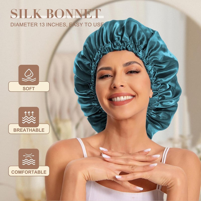 Edoneery Satin Bonnet Silk Bonnet Hair Bonnet for Sleeping-Slouchy Beanie Hat Satin Sleep Cap for Women's Natural & Curly Hair(Blue Zircon&Dark Grey) - Image 2