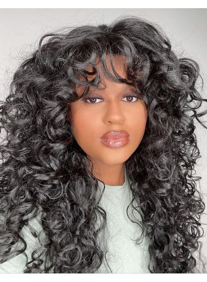 Annivia Curly Wig With Bangs For Black Women Black Kinky Long Curly Wig Synthetic Hair Daily Use Cosplay 17 Inch - Image 1