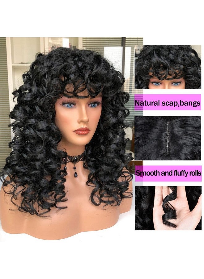 Annivia Curly Wig With Bangs For Black Women Black Kinky Long Curly Wig Synthetic Hair Daily Use Cosplay 17 Inch - Image 5