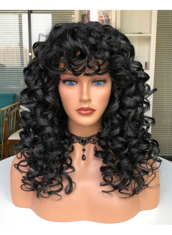 Annivia Curly Wig With Bangs For Black Women Black Kinky Long Curly Wig Synthetic Hair Daily Use Cosplay 17 Inch - Image 3
