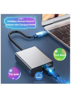 SYOSI محول USB C إلى Ethernet مع شحن PD 60W - التوصيل والتشغيل، دعم شبكة LAN بسرعة 1000 ميجابت في الثانية، محول USB C إلى Gigabit محمول من الألومنيوم لأجهزة Android وiPad وMacBook والمزيد من أجهزة USB C  - Image 2
