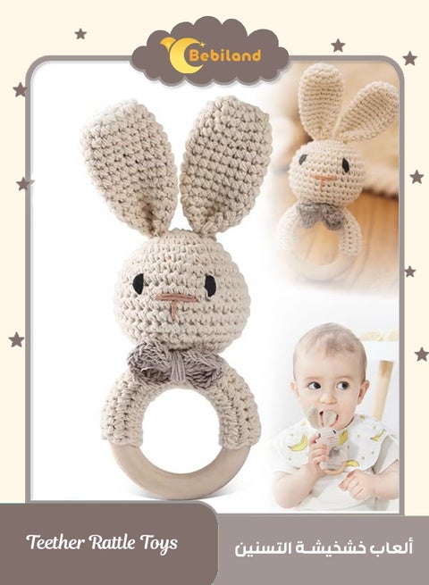 Baby Teether Rattle Toys for Babies 0-6 Months, Bunny Wooden Rattle for Baby Handmade Crochet, Wooden Baby Rattle Organic Wooden Baby Toys Baby Stuffed Animals for Newborn