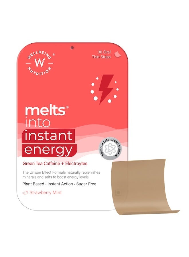 WELLBEING NUTRITION Melts Instant Energy, 100% Plant Based Green Tea Caffeine, Essential Electrolytes and Vitamins for Endurance, Sports Hydration, Pre Workout Energy Boost, 30 Oral Strips - Image 1