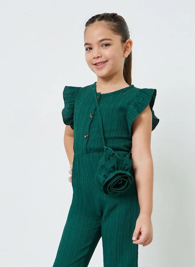 Styli Girls Dark Green Textured Jumpsuit with Sling Bag