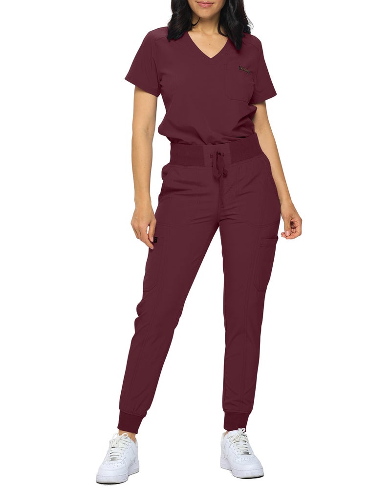 Monarch Uniforms Slim Fit Stretchy Scrubs Womens Jogger Scrub Set Slim Jogger Scrubs with TuckIn Top for Women BURGUNDYS